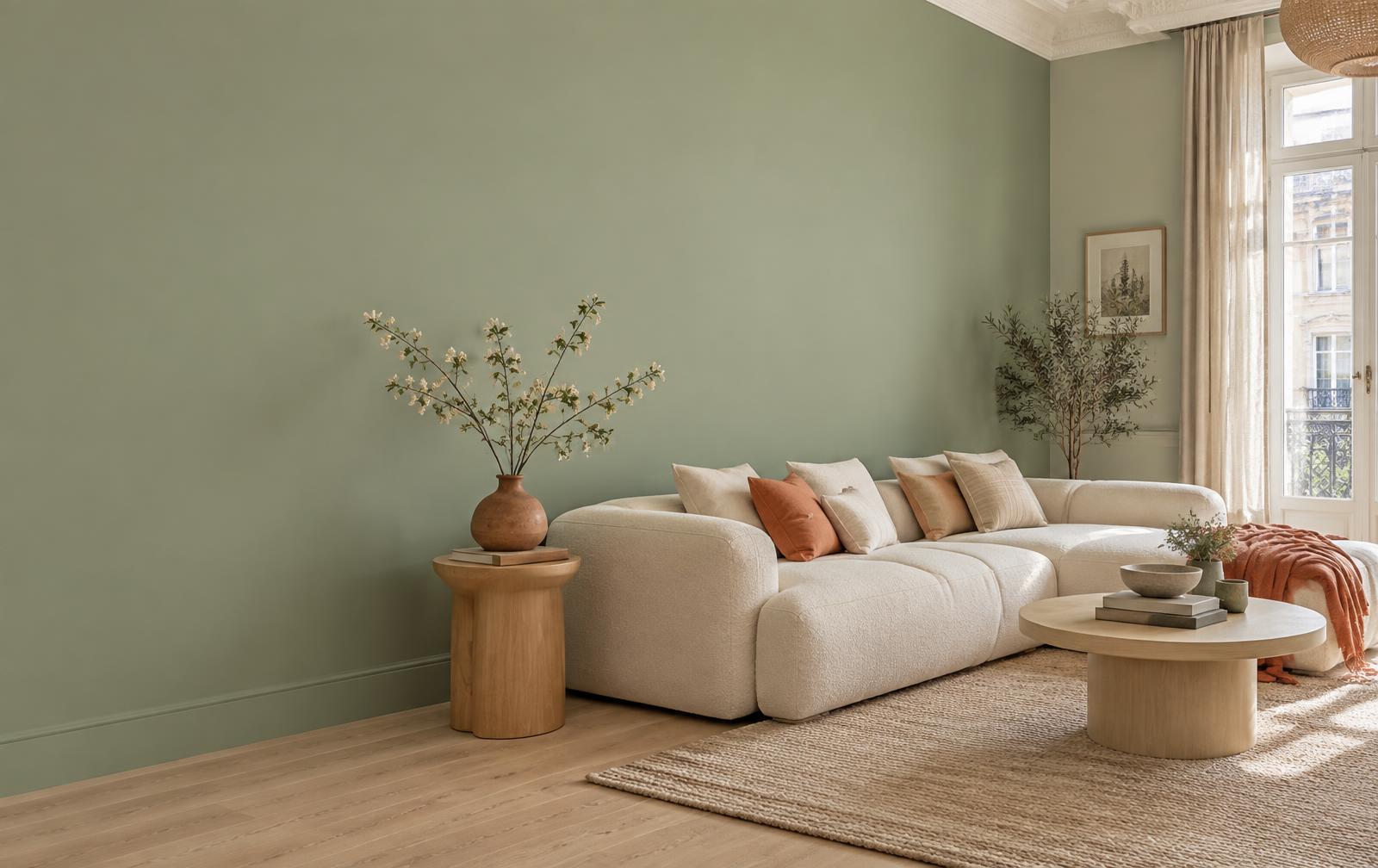 Illustration d’ambiance : un salon lumineux aux murs vert sauge